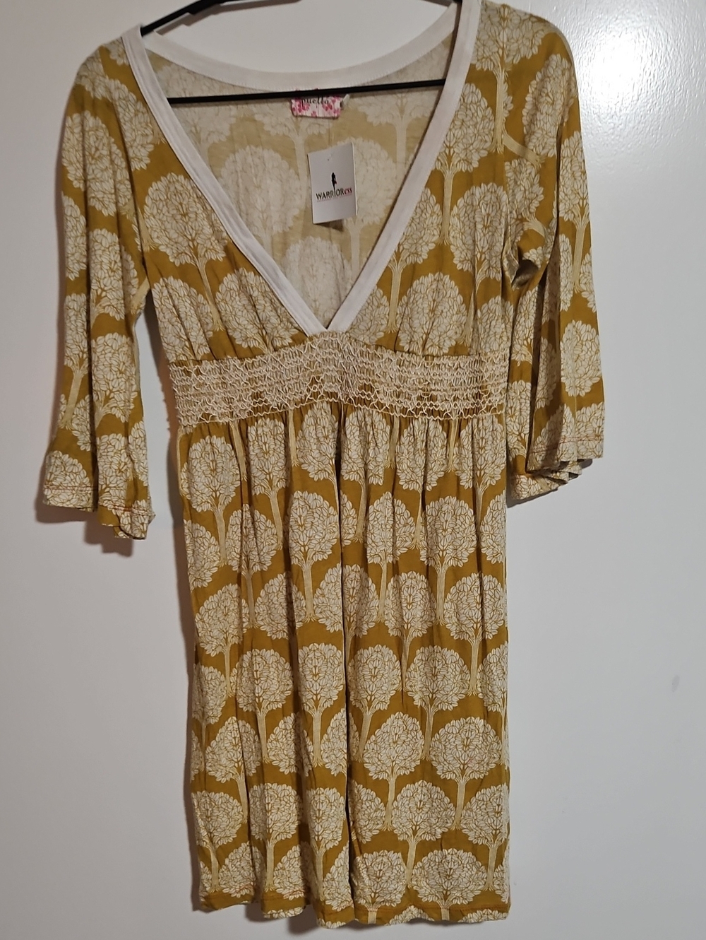 Puella for Anthropologie Mustard Yellow Tree Print Empire Waist Dress Size M